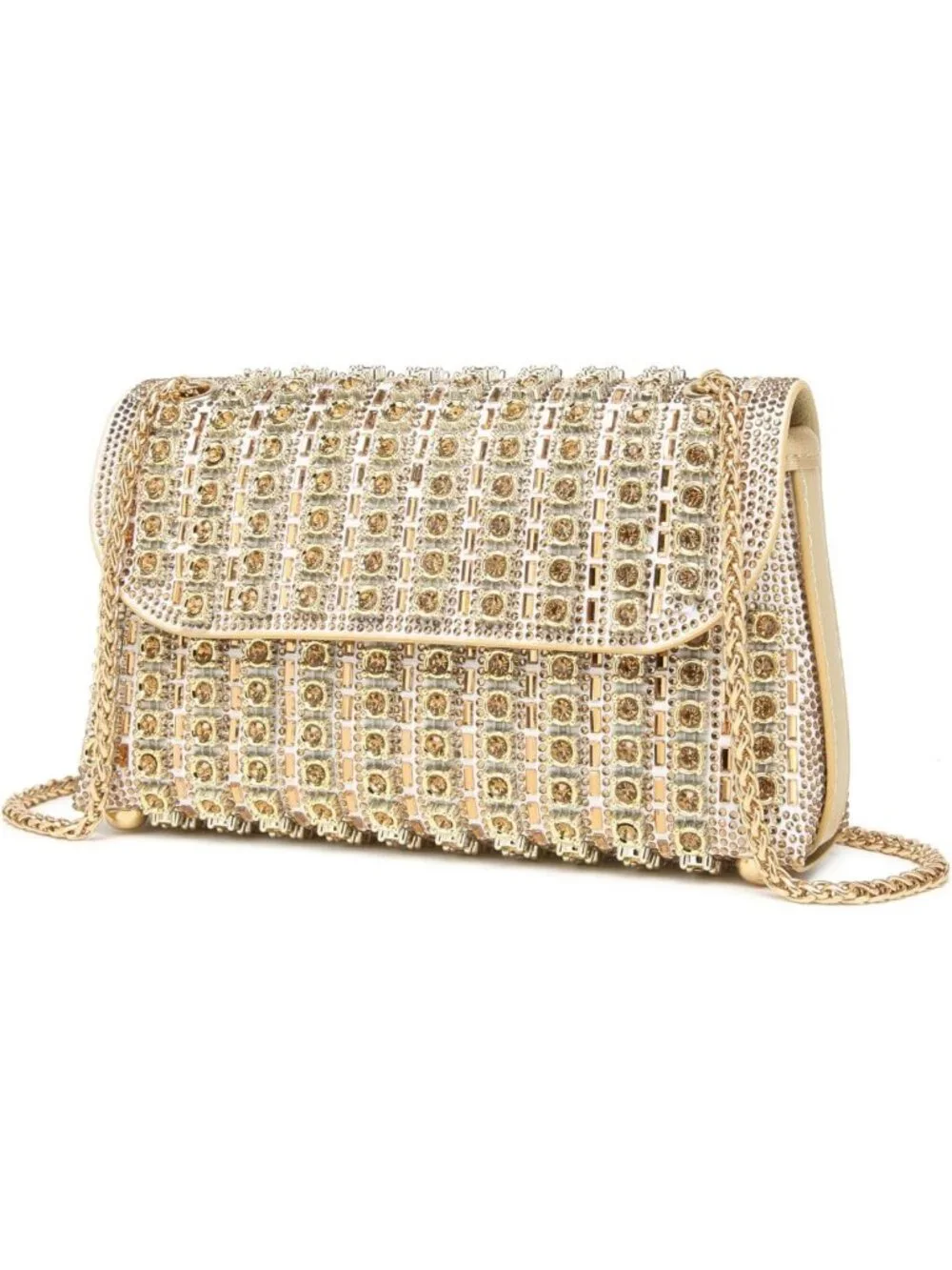 Sparkly Rhinestone Evening Clutch with Chain - Holiday Party Metallic Purse for